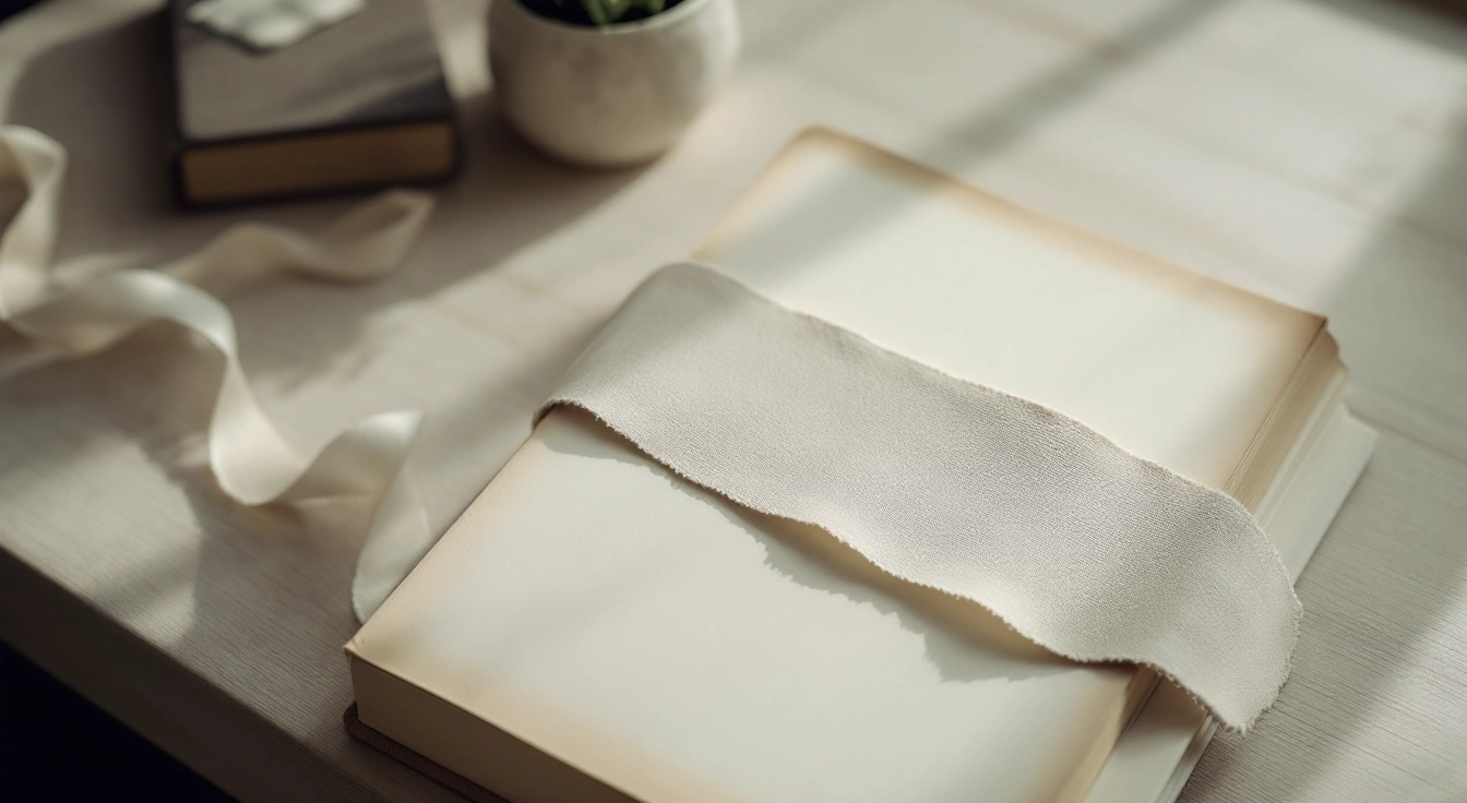 A linen bookmark on a plain reference book beside blank note paper.