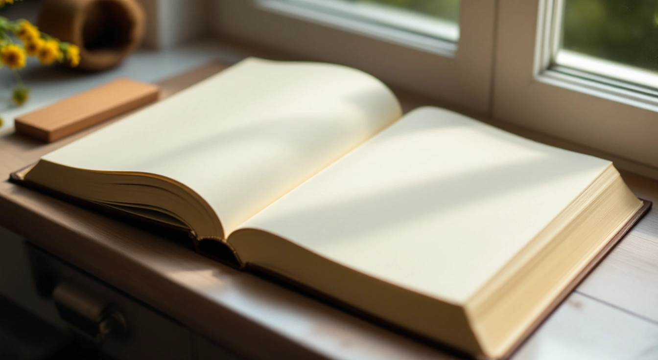 An open book, wooden page rest and blank note card beside a window