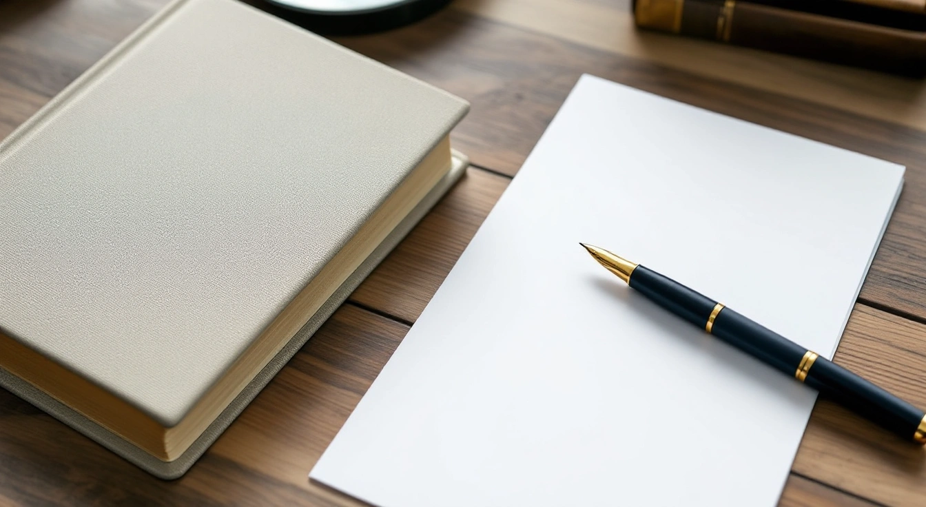 A closed book, blank note paper and a pen on a pale desk.