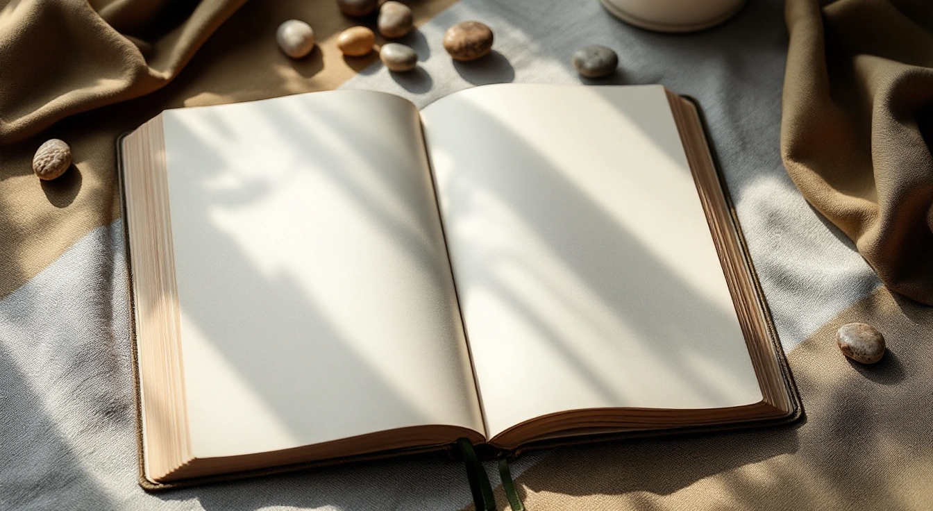 An unmarked notebook and smooth pebbles on a study table.