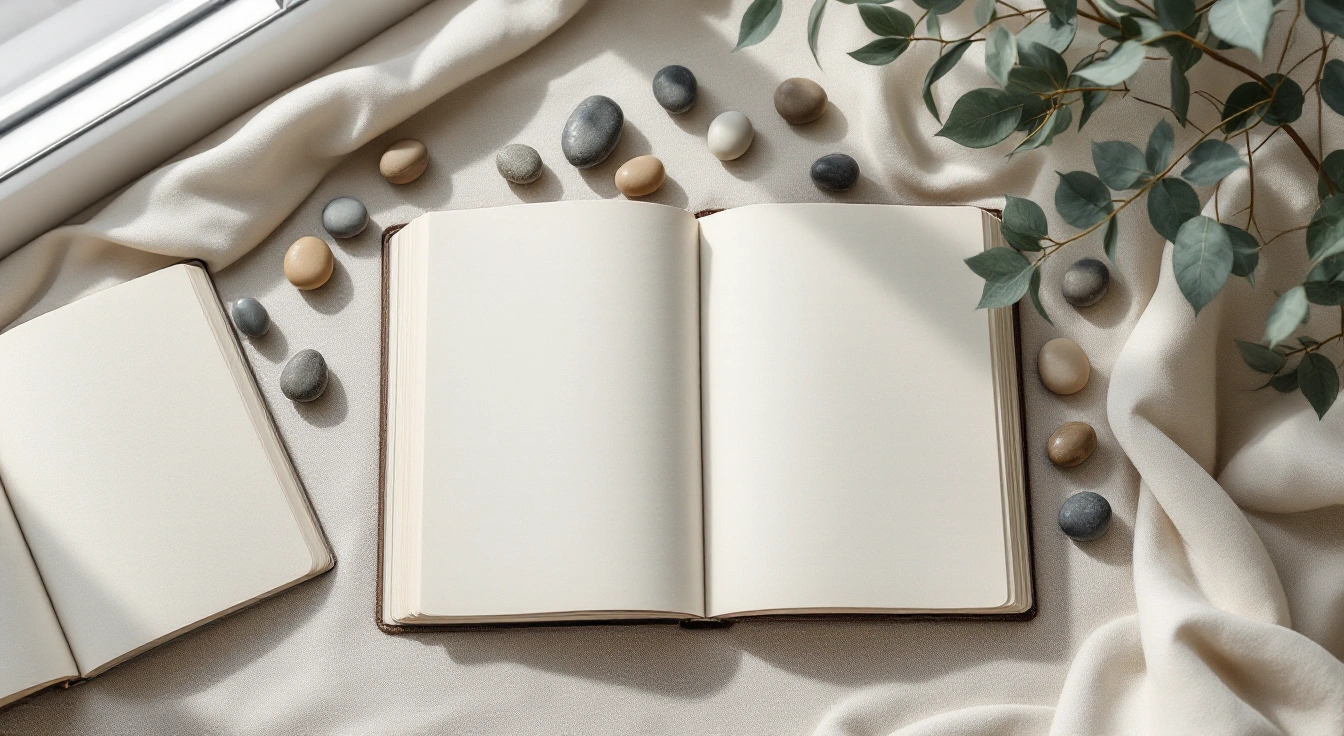An unmarked notebook and smooth pebbles on a study table.