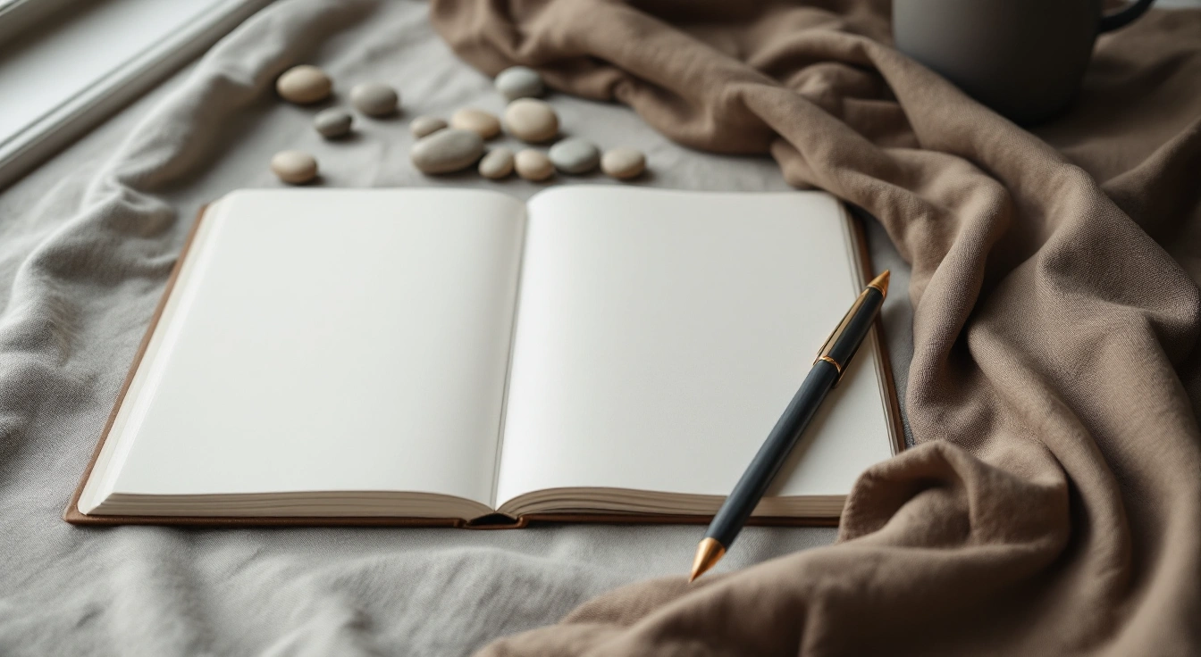 An unmarked notebook and smooth pebbles on a study table.