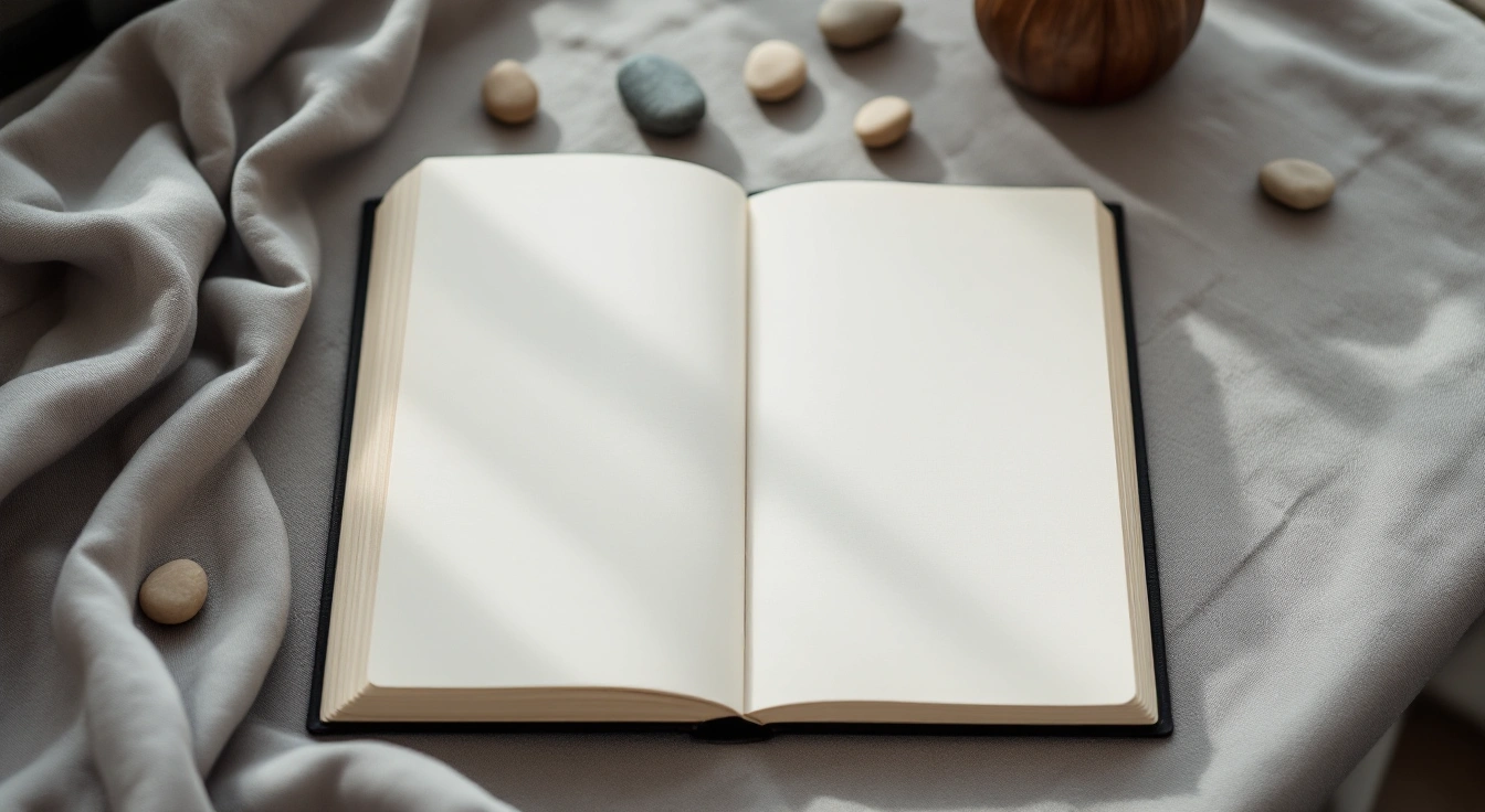An unmarked notebook and smooth pebbles on a study table.