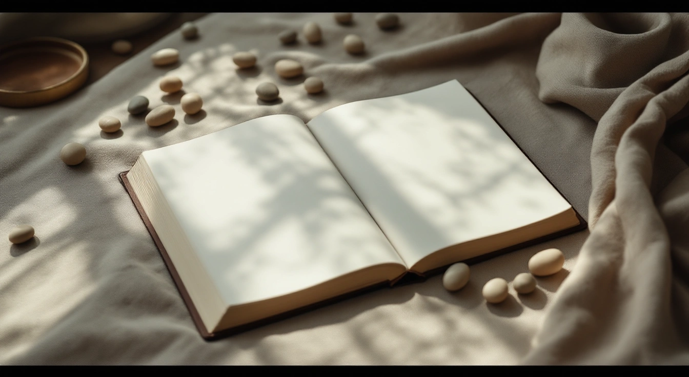 An unmarked notebook and smooth pebbles on a study table.
