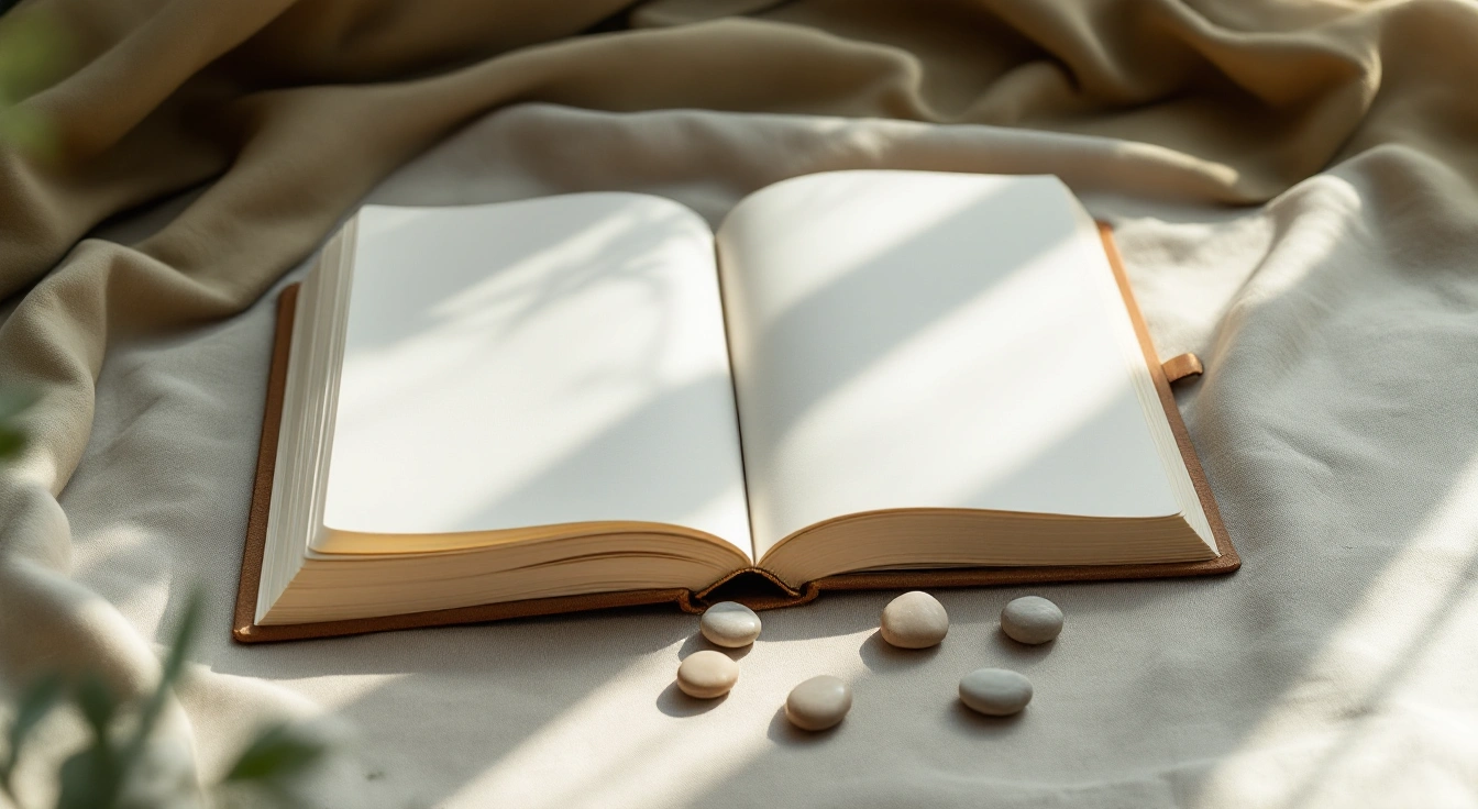 An unmarked notebook and smooth pebbles on a study table.