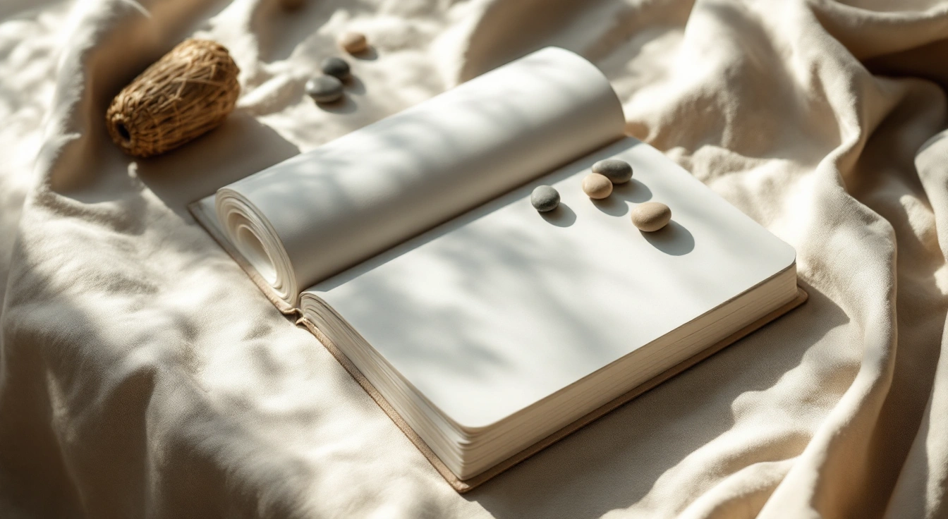 An unmarked notebook and smooth pebbles on a study table.
