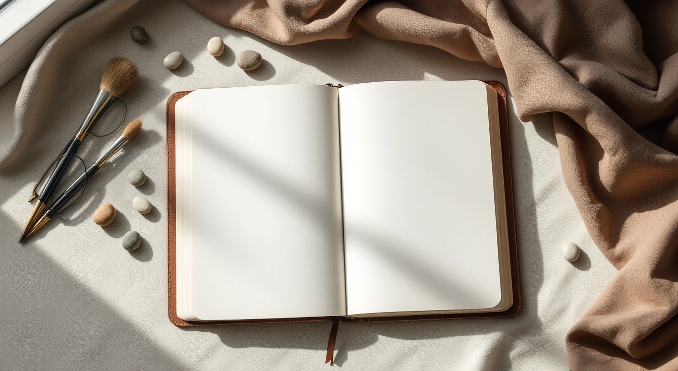 An unmarked notebook and smooth pebbles on a study table.