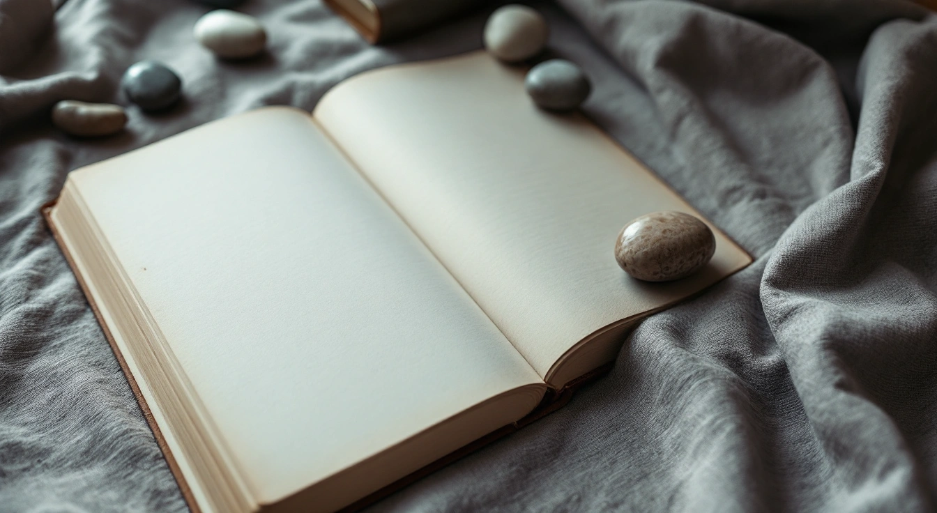 An unmarked notebook and smooth pebbles on a study table.