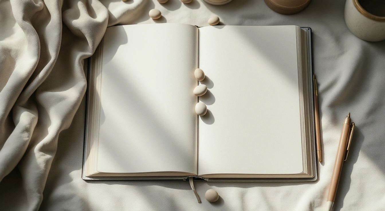 An unmarked notebook and smooth pebbles on a study table.