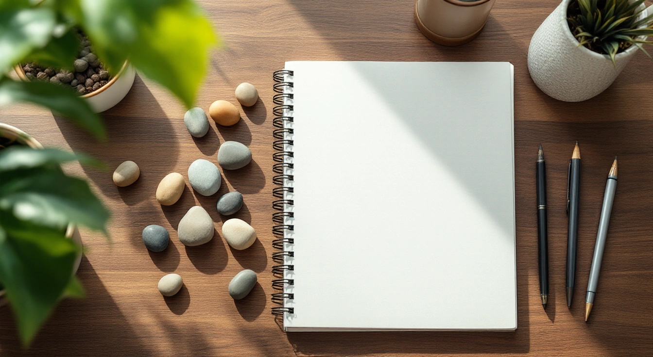 Smooth pebbles arranged beside a blank notebook.