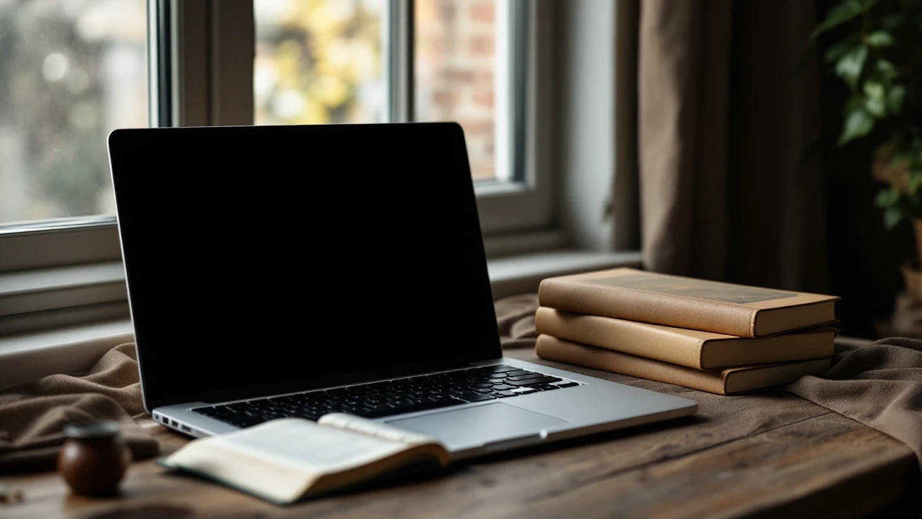 An unbranded laptop with a blank screen beside study books.