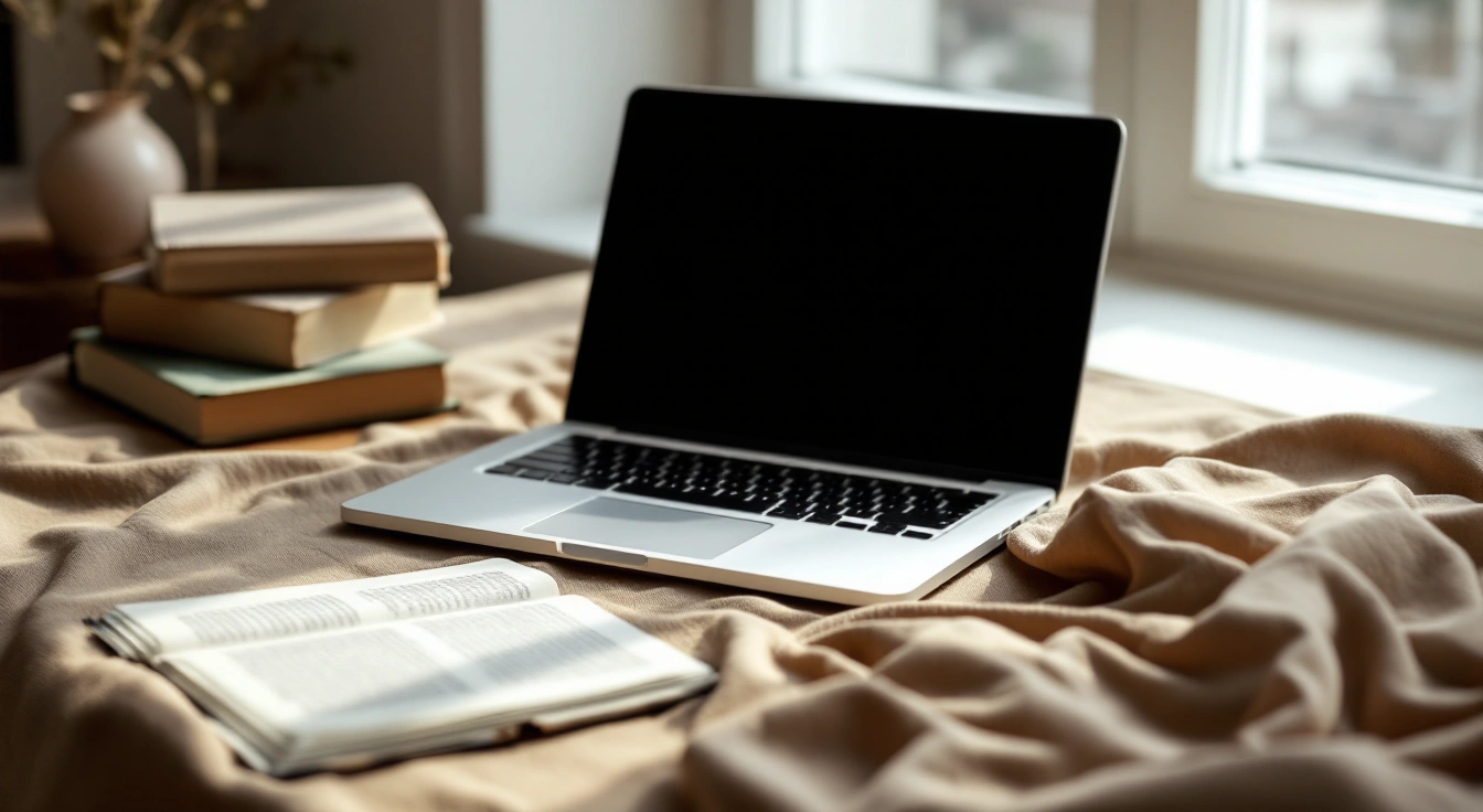 An unbranded laptop with a blank screen beside study books.