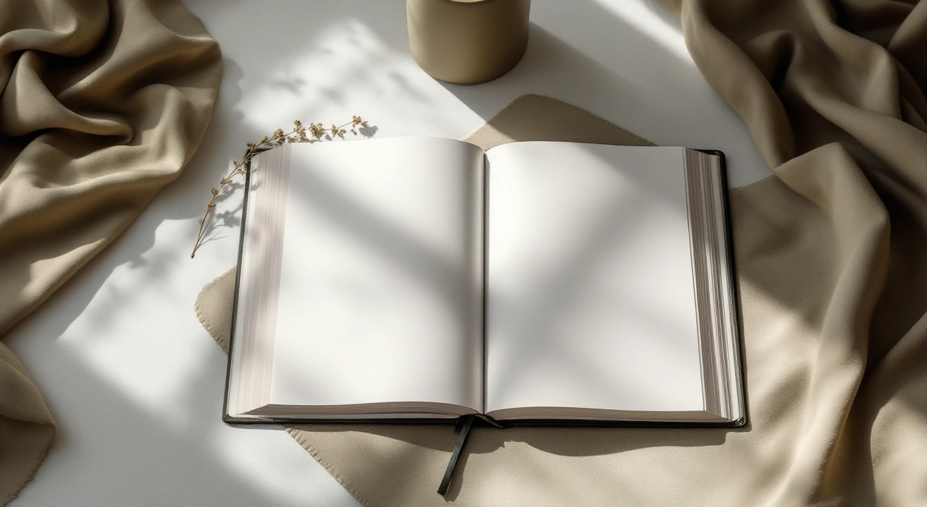 An open book on a softly lit table.