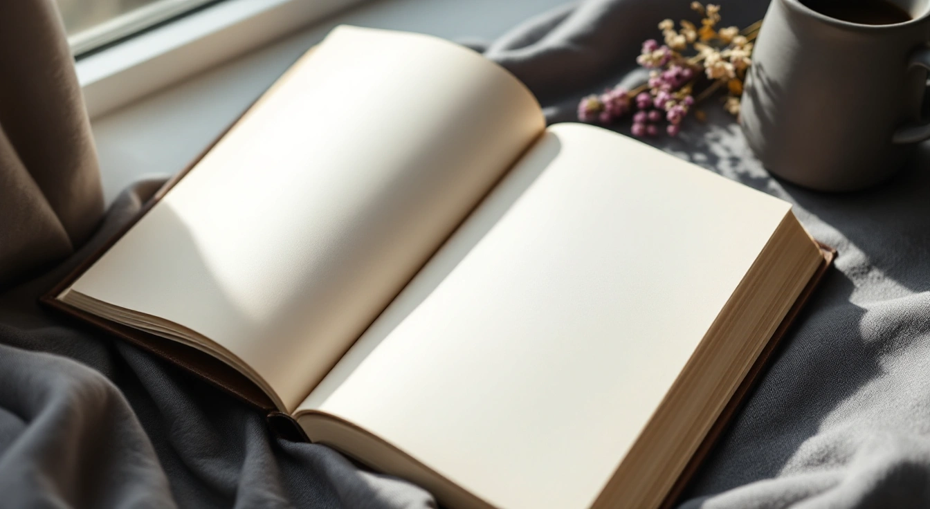 An open book on a softly lit table.