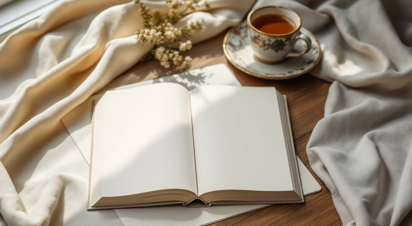 An open book on a softly lit table.