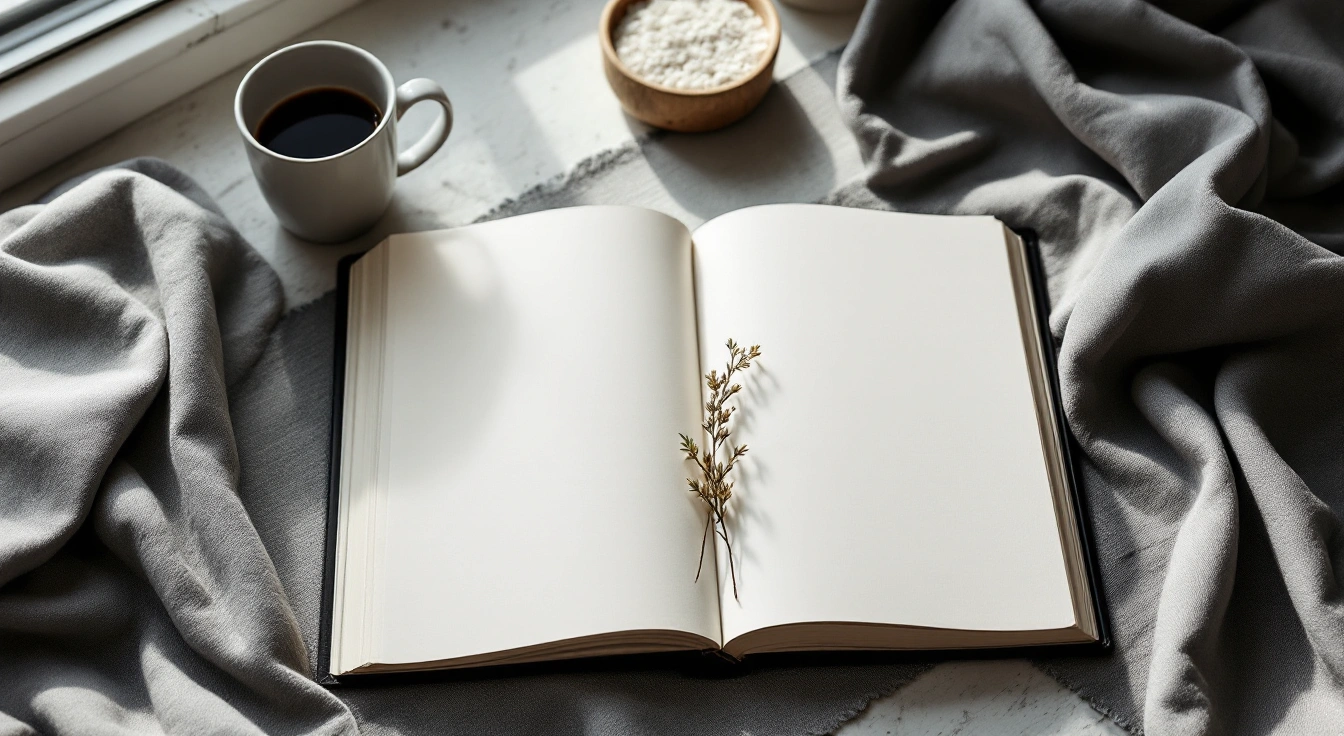 An open book on a softly lit table.