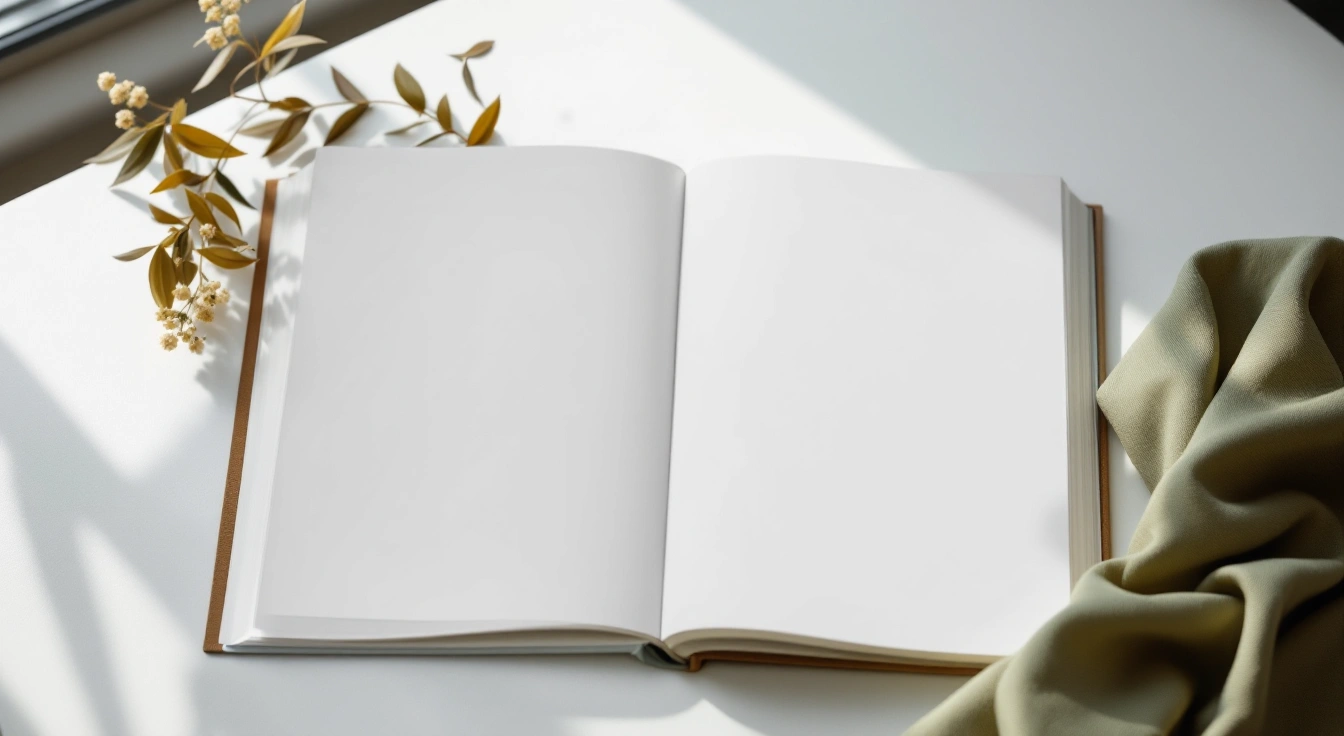 An open book on a softly lit table.