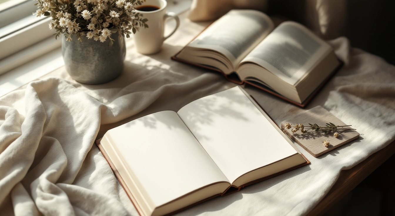 An open book on a softly lit table.