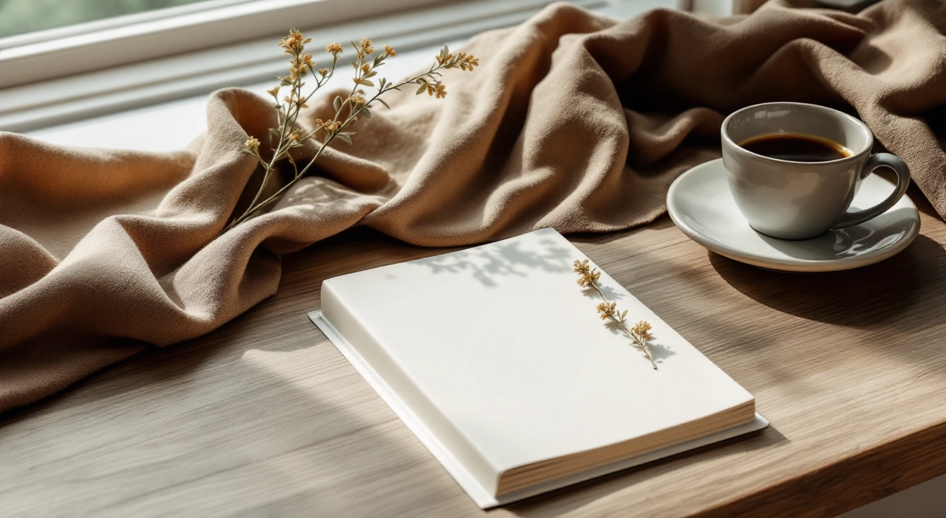 An olive branch, clay lamp and open book on a cream table.