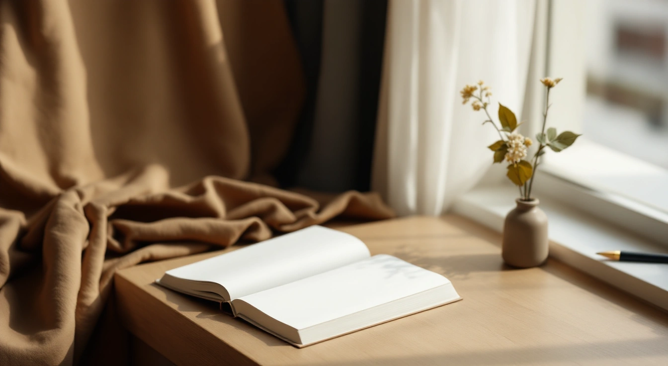 An open book on a softly lit table.
