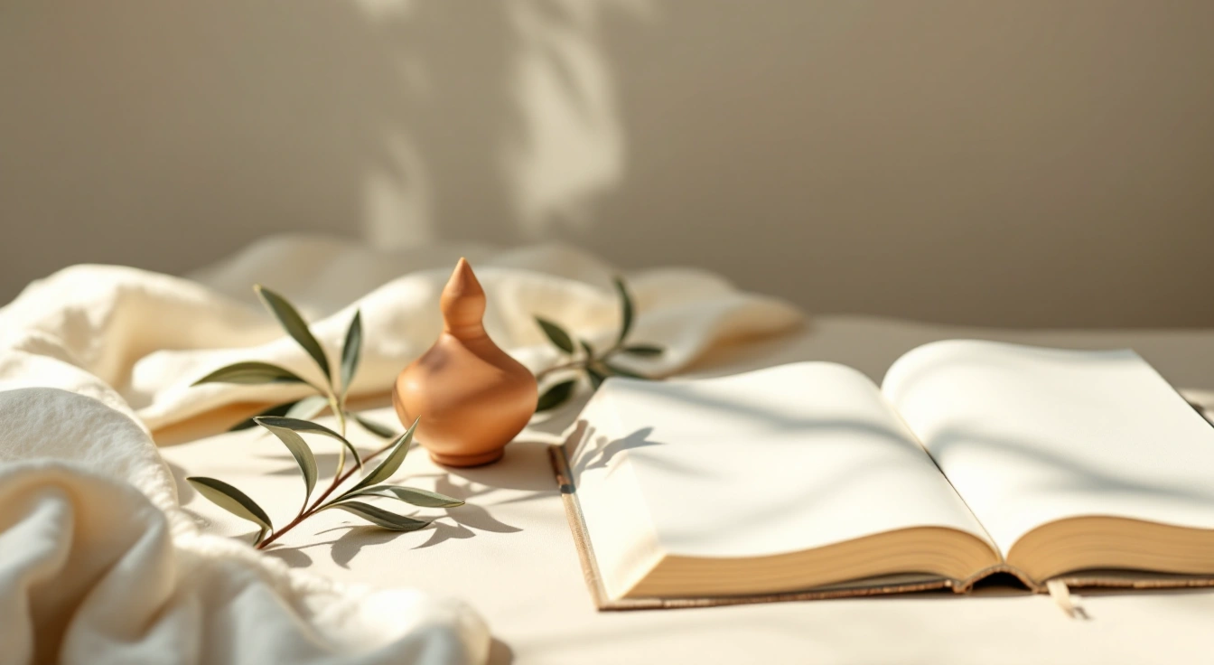 An olive branch, clay lamp and open book on a cream table.
