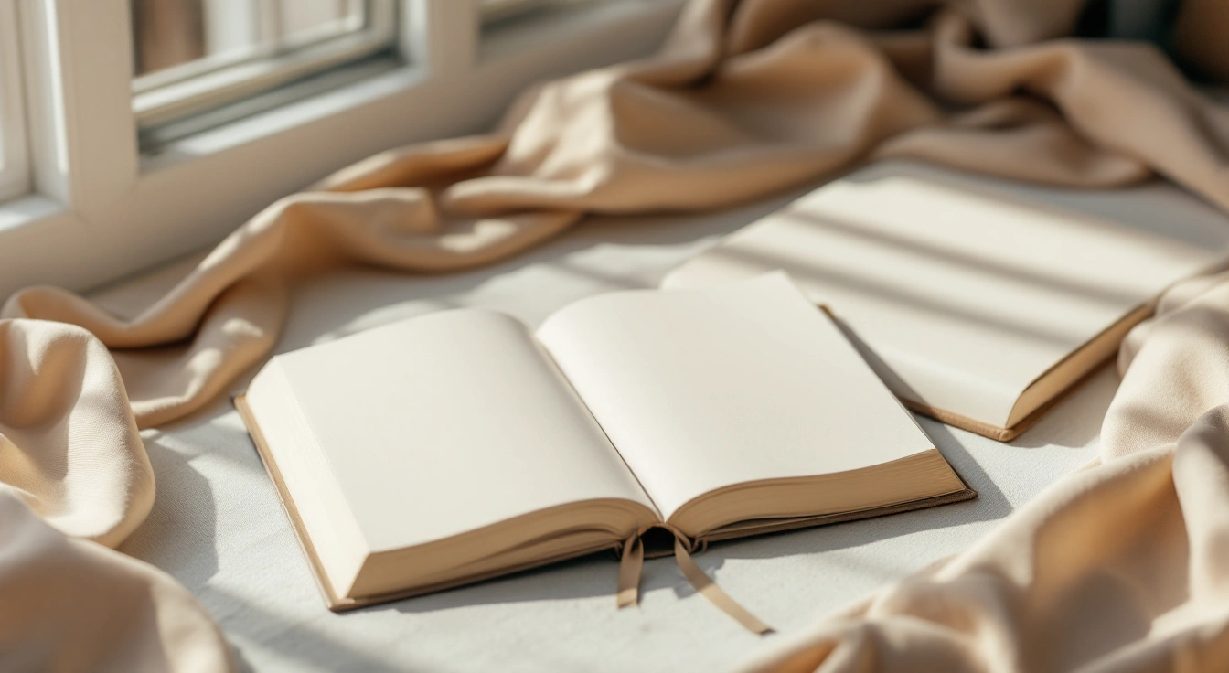 A ribbon over an open book beside a cup.