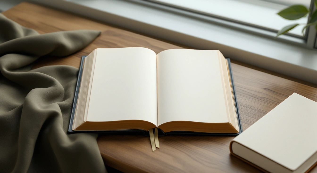 A ribbon over an open book beside a cup.