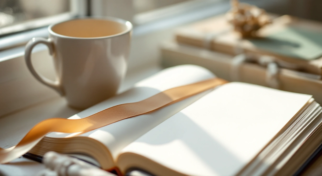 A ribbon over an open book beside a cup.