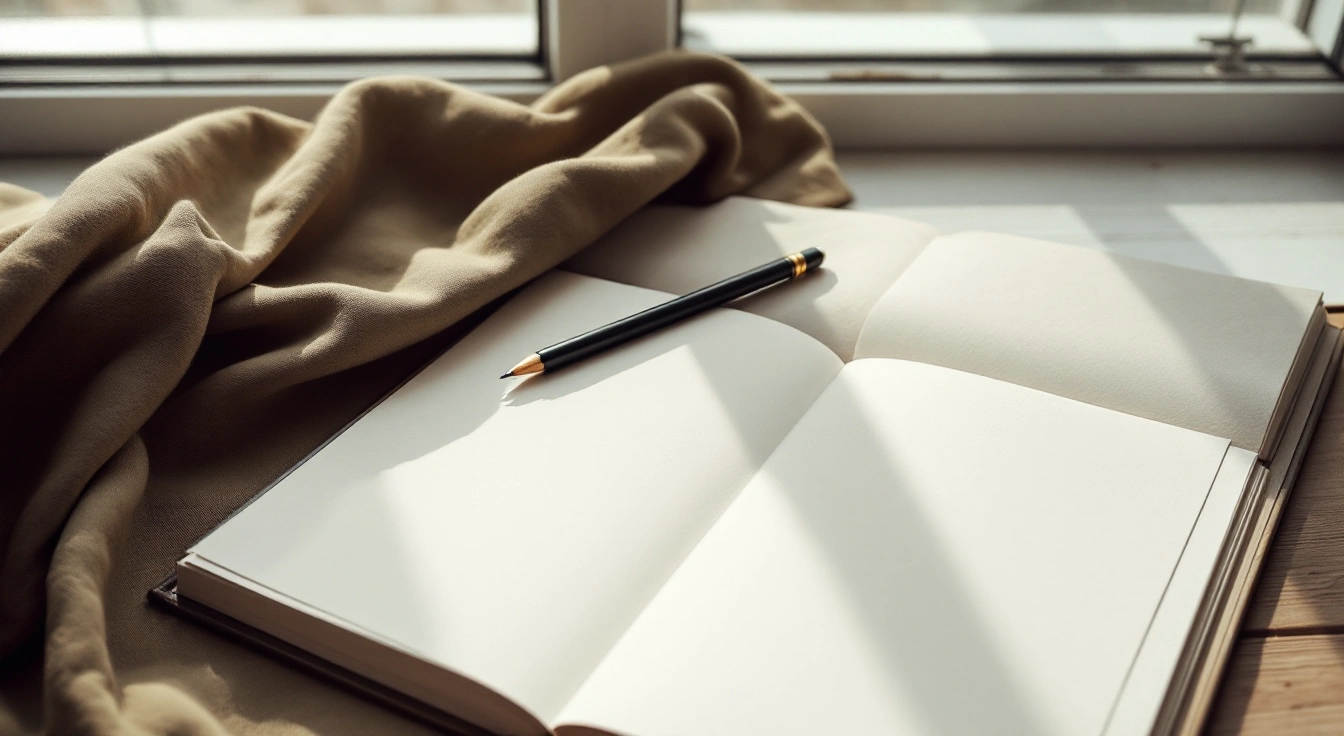 An open notebook among neutral study materials.