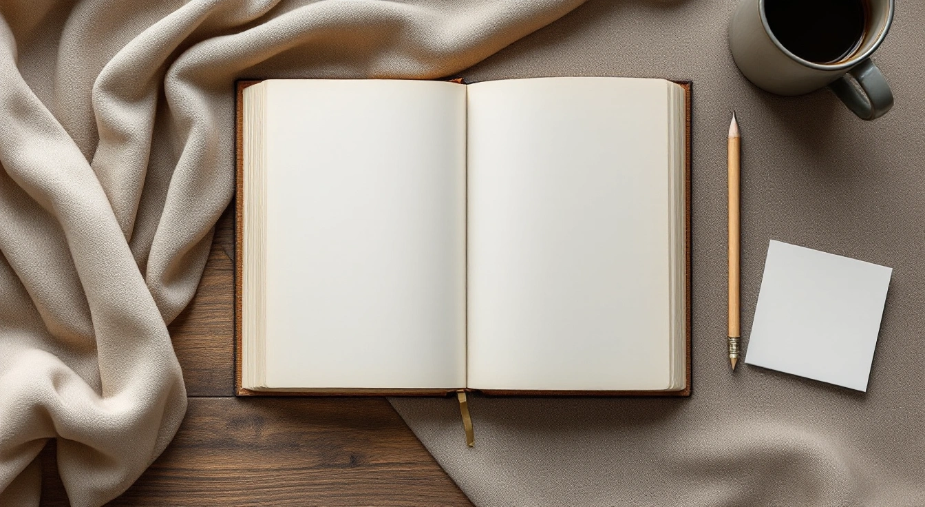 An open notebook among neutral study materials.