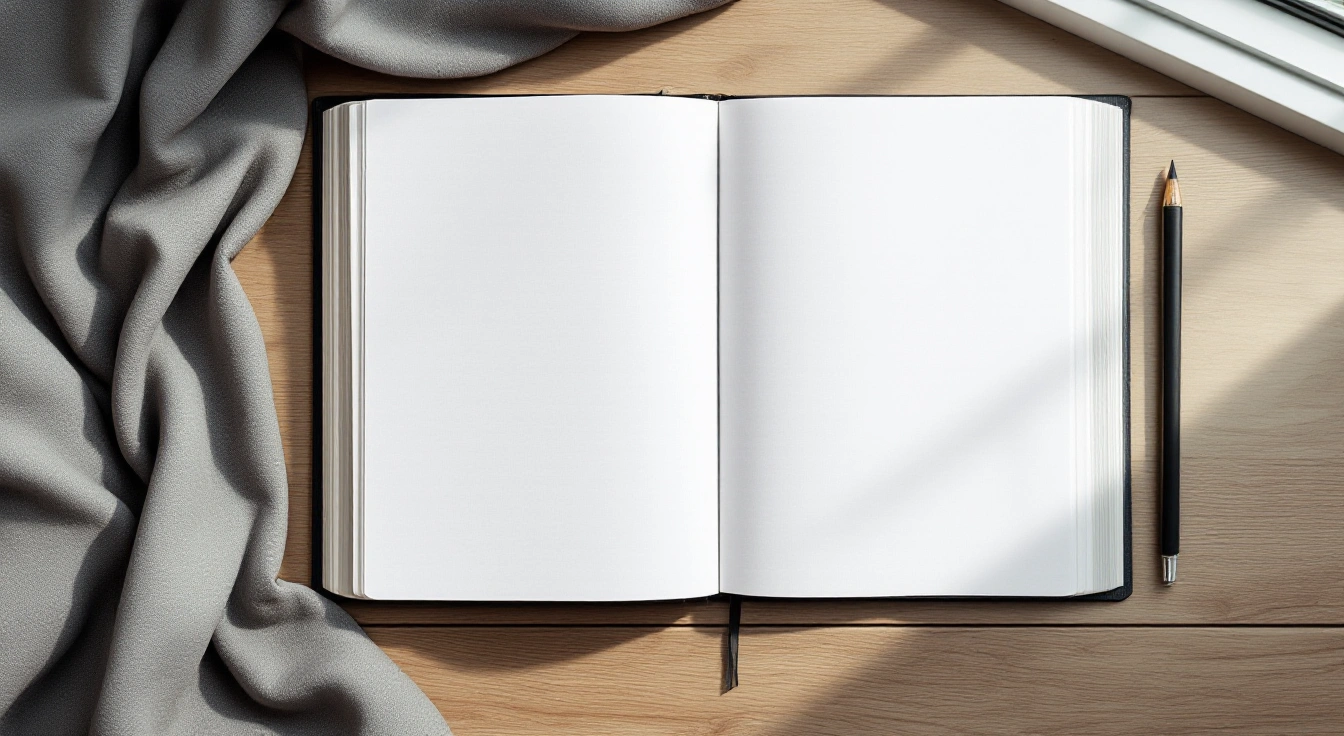 An open notebook among neutral study materials.