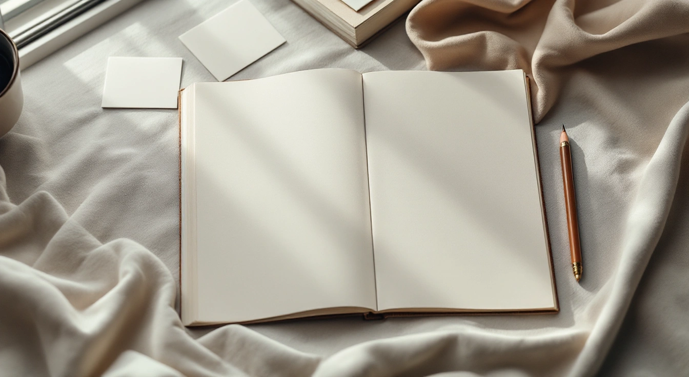 An open notebook among neutral study materials.