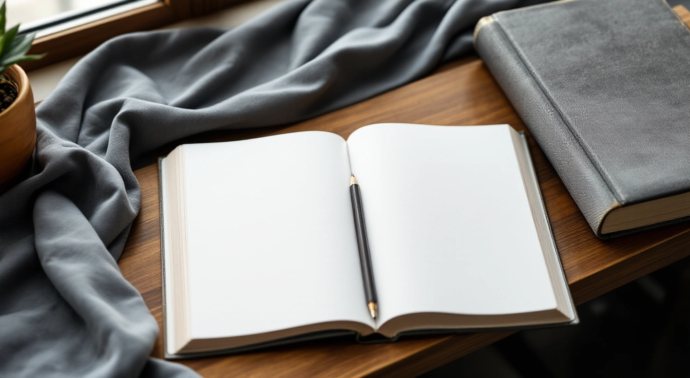 An open notebook among neutral study materials.