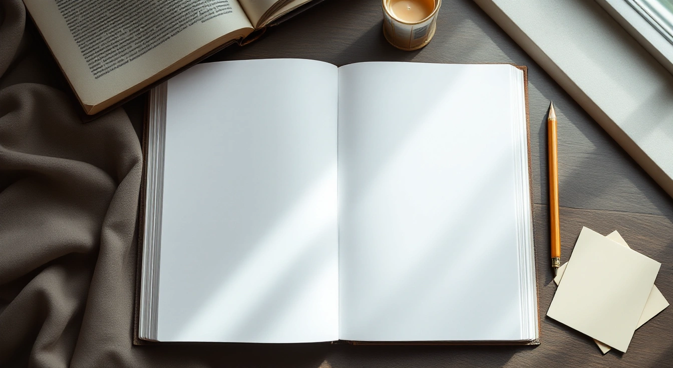 An open book, blank index cards and a magnifier.