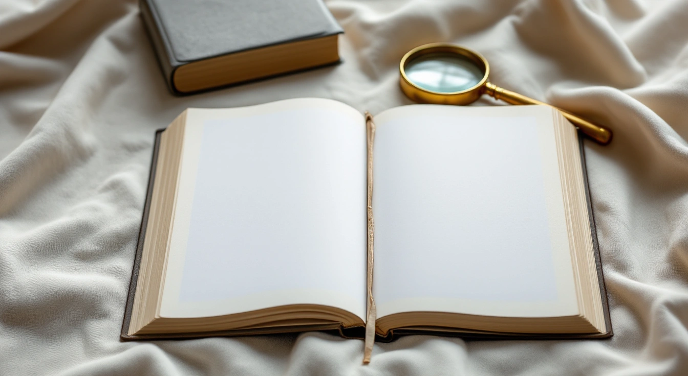 An open book, blank index cards and a magnifier.
